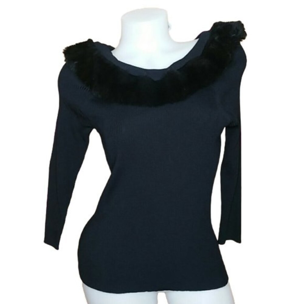 Cable & Gauge Petites Black Sweater Faux Fur Collar Womens Size PS